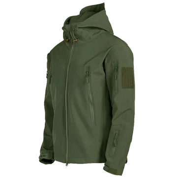 Men's Soft Shell jacket with sharkskin print, wind and water resistant.