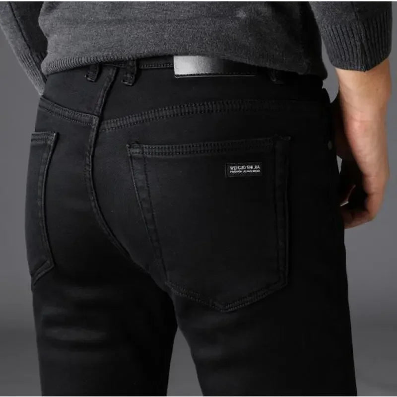 Men’s Classic Stretch Denim Jeans – Soft Black Biker Style Pants for Spring & Autumn