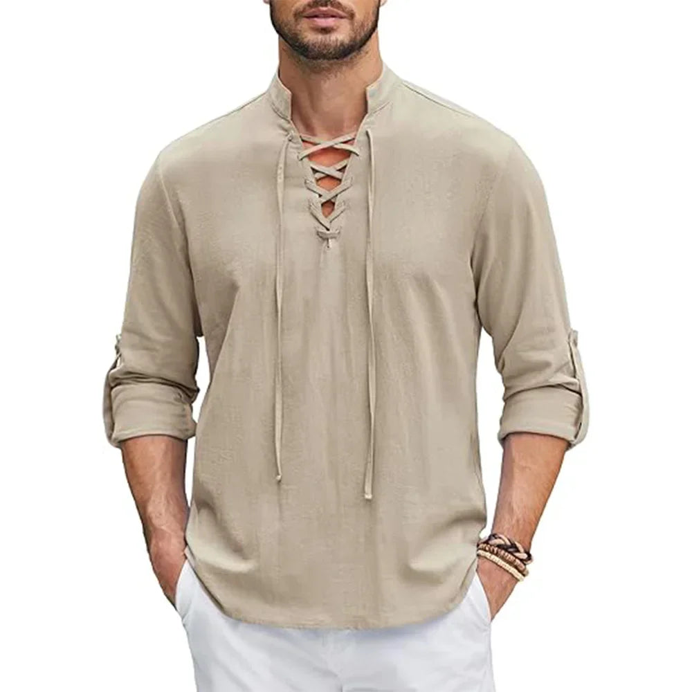 Men’s Medieval Viking Renaissance Shirt – Cotton Linen Pirate Tunic Long Sleeve Costume Top