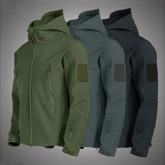 Men's Soft Shell jacket with sharkskin print, wind and water resistant.