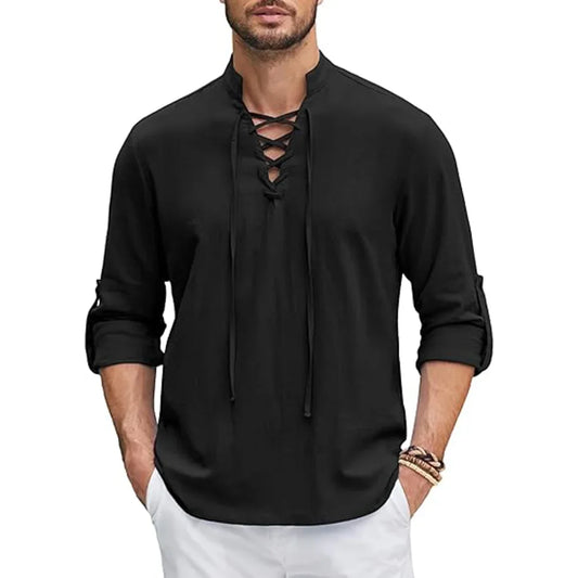 Men’s Medieval Viking Renaissance Shirt – Cotton Linen Pirate Tunic Long Sleeve Costume Top