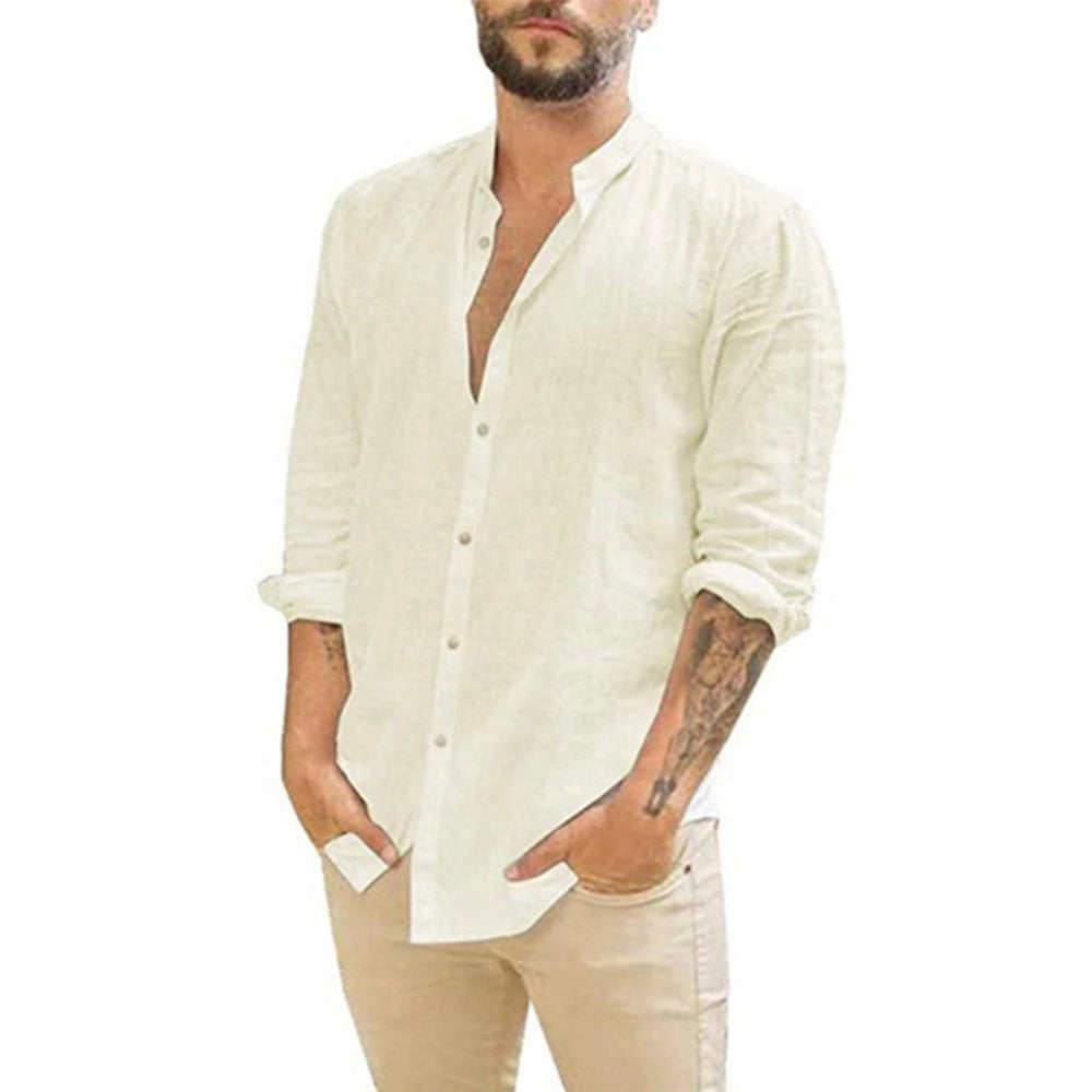 Men’s Cotton Linen Stand Collar Shirt – Casual Long Sleeve Summer Beachwear