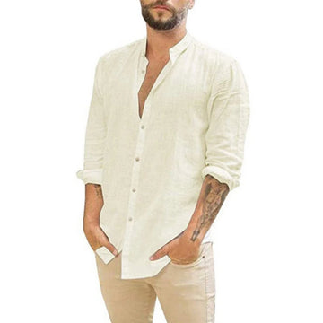 Men’s Cotton Linen Stand Collar Shirt – Casual Long Sleeve Summer Beachwear